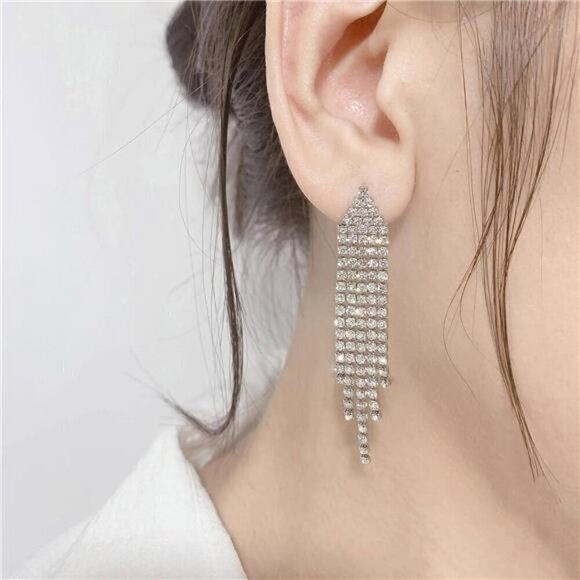 Dangling Earrings Silver Clip On Drop Tone (2.2inch -Triangle) Rhinestone - Picture 2 of 5